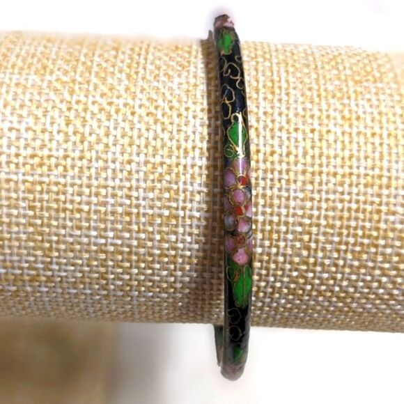 Vintage 1970's Black & Pink Chinese Cloisonne Enamel Floral Bangle Bracelet - Picture 2 of 13